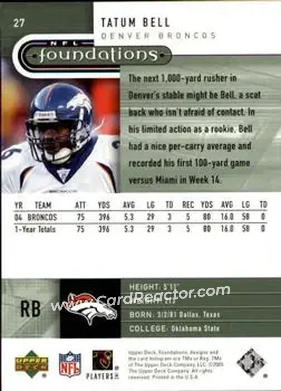 2005 Upper Deck Foundations #27 - Tatum Bell - Denver Broncos - Back