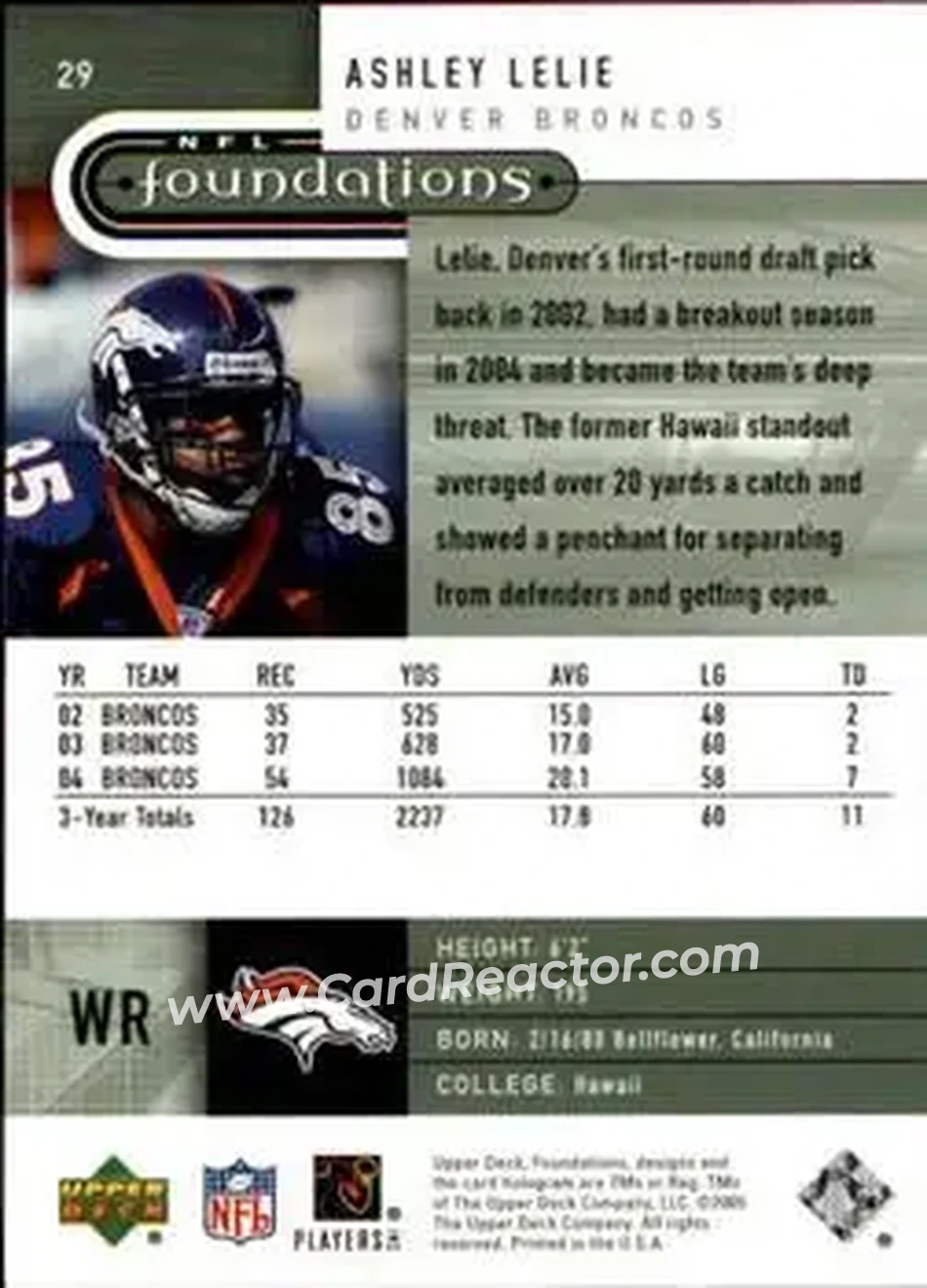 2005 Upper Deck Foundations #29 - Ashley Lelie - Denver Broncos - Back