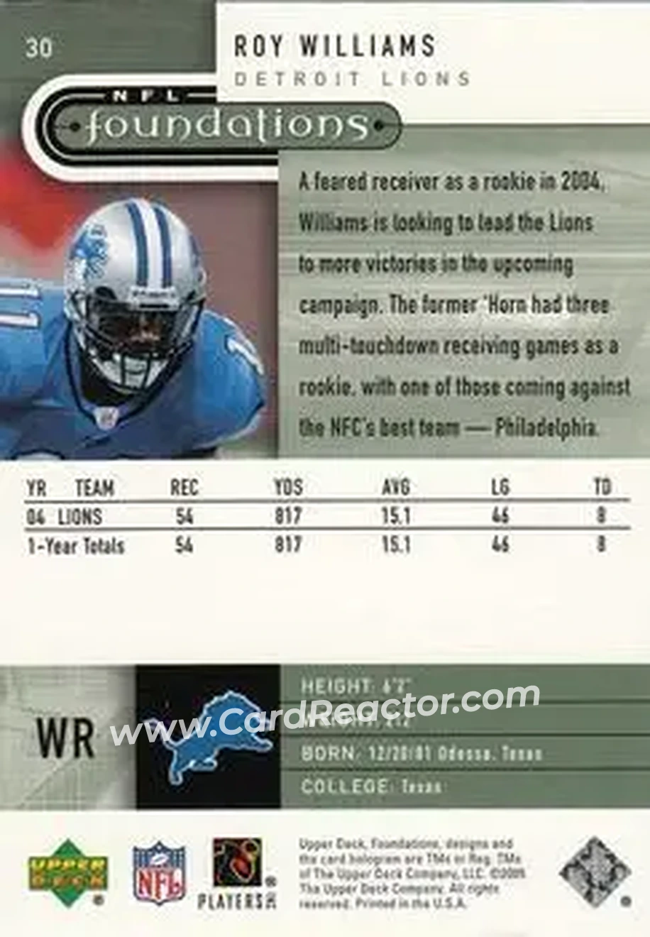 2005 Upper Deck Foundations #30 - Roy Williams - Detroit Lions - Back 2005 Upper Deck Foundations #30 - Roy Williams - Detroit Lions - Back