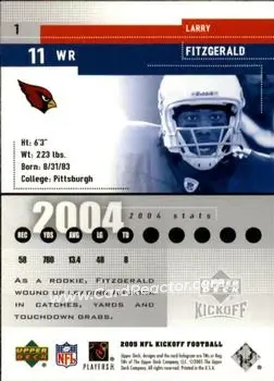2005 Upper Deck Kickoff #1 - Larry Fitzgerald - Arizona Cardinals - Back 2005 Upper Deck Kickoff #1 - Larry Fitzgerald - Arizona Cardinals - Back
