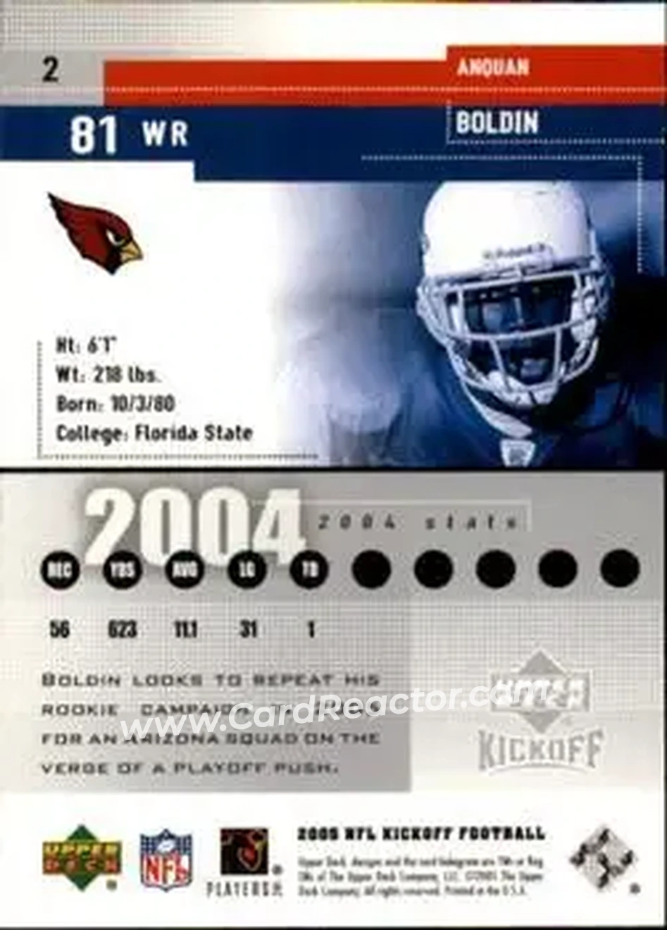 2005 Upper Deck Kickoff #2 - Anquan Boldin - Arizona Cardinals - Back 2005 Upper Deck Kickoff #2 - Anquan Boldin - Arizona Cardinals - Back