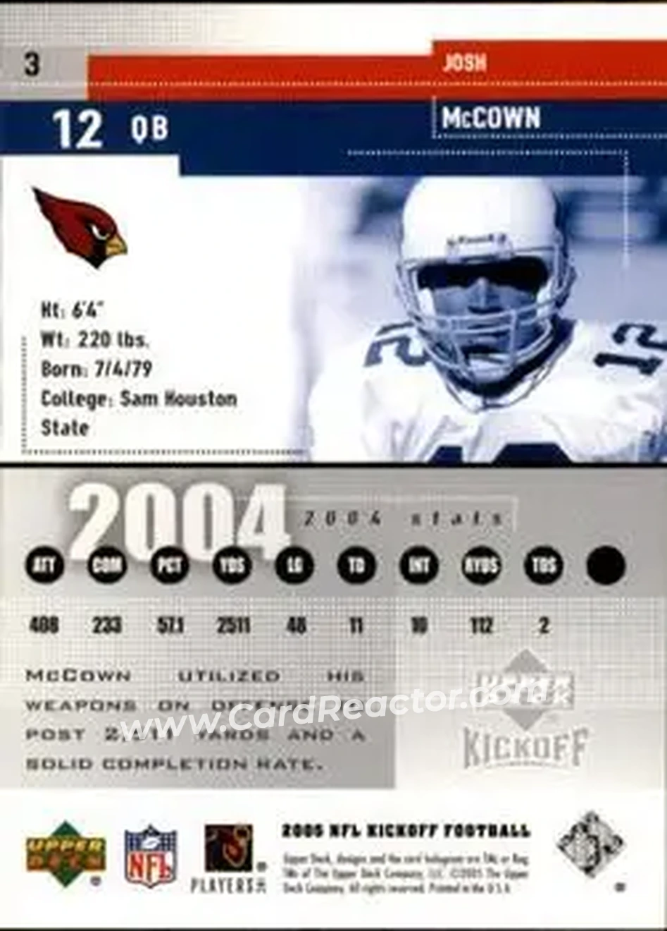 2005 Upper Deck Kickoff #3 - Josh McCown - Arizona Cardinals - Back 2005 Upper Deck Kickoff #3 - Josh McCown - Arizona Cardinals - Back