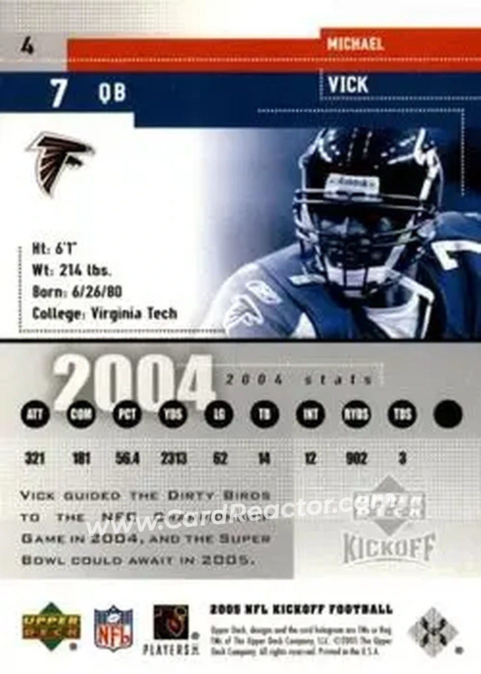 2005 Upper Deck Kickoff #4 - Michael Vick - Atlanta Falcons - Back 2005 Upper Deck Kickoff #4 - Michael Vick - Atlanta Falcons - Back