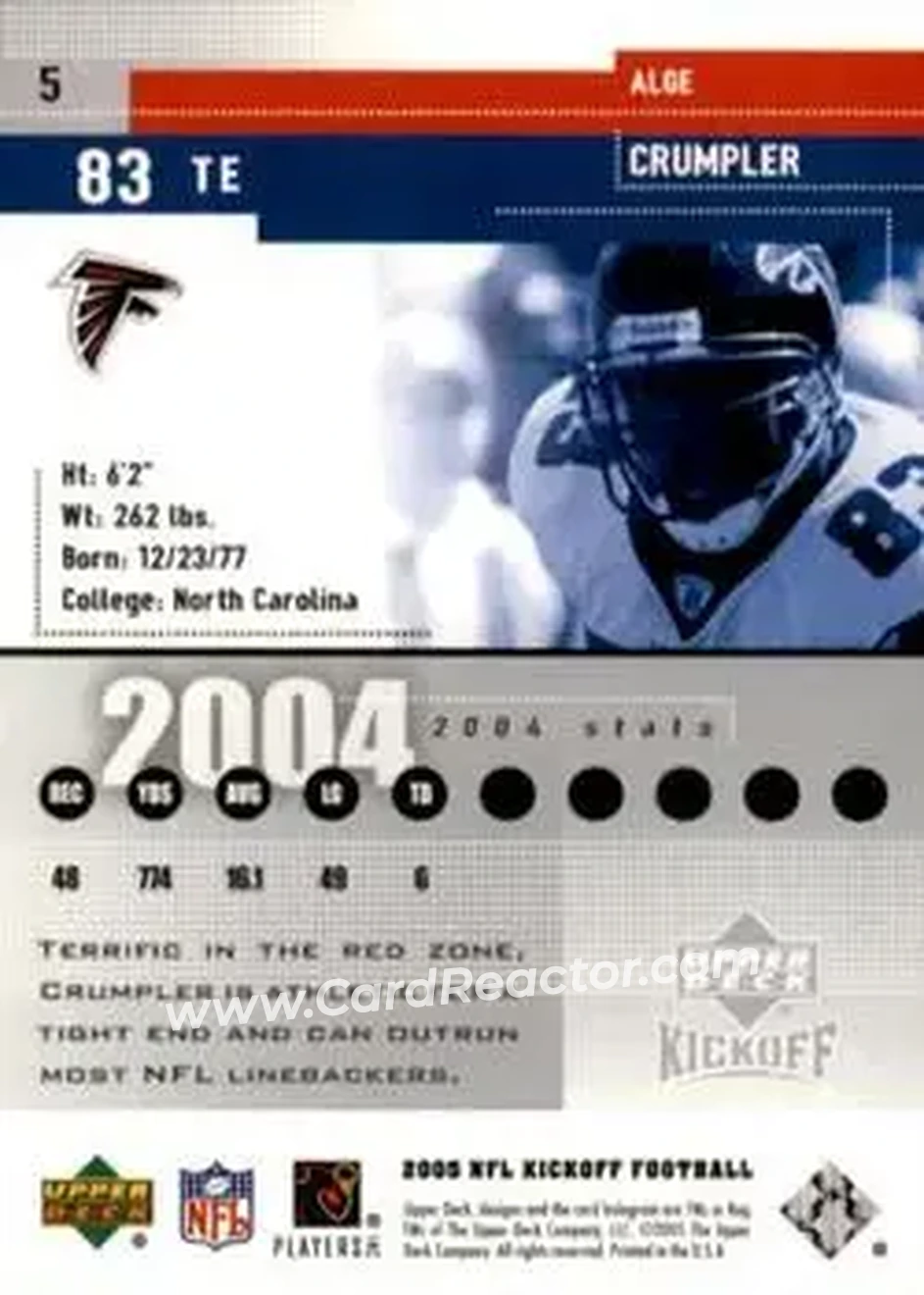 2005 Upper Deck Kickoff #5 - Alge Crumpler - Atlanta Falcons - Back