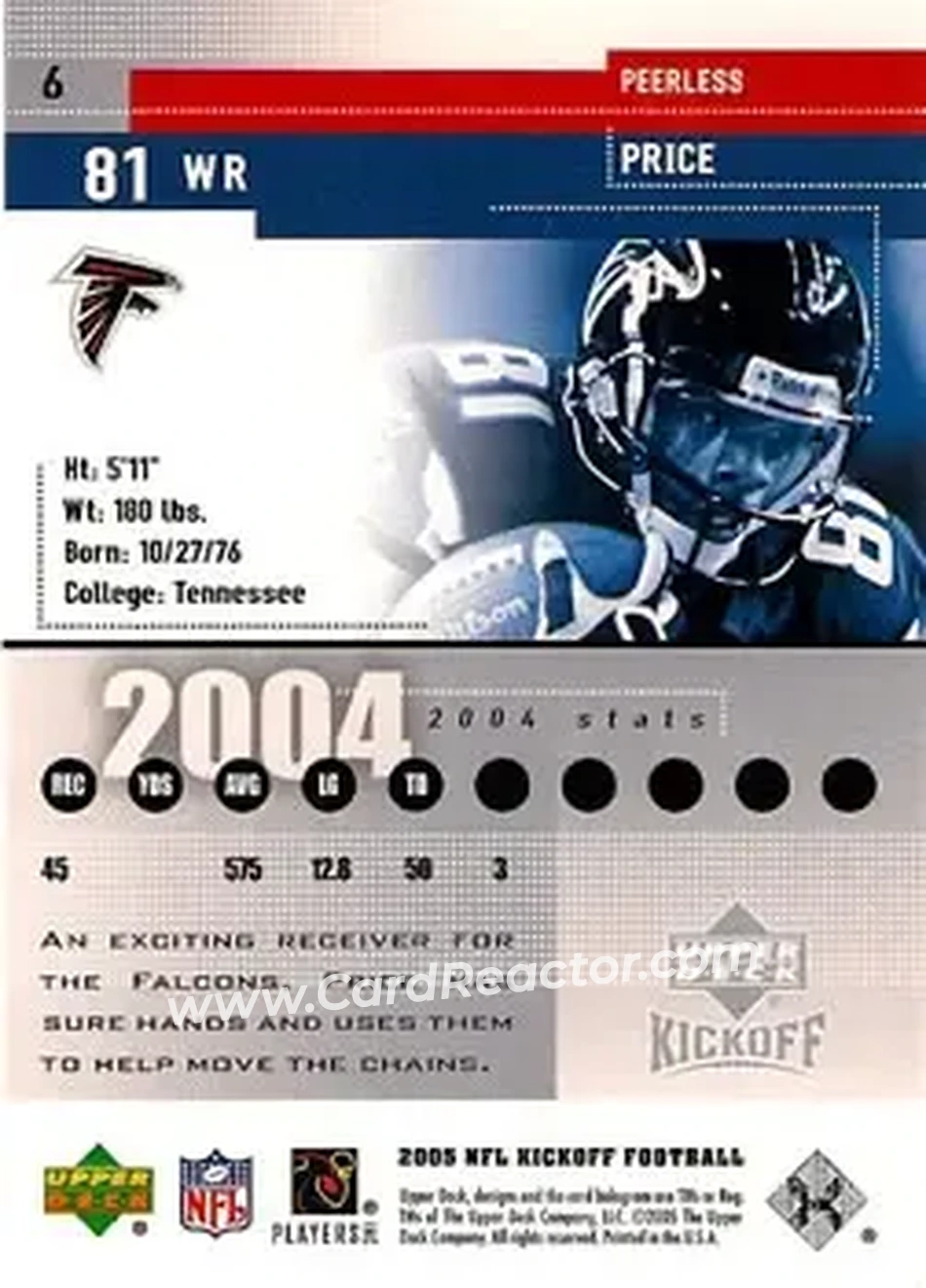 2005 Upper Deck Kickoff #6 - Peerless Price - Atlanta Falcons - Back