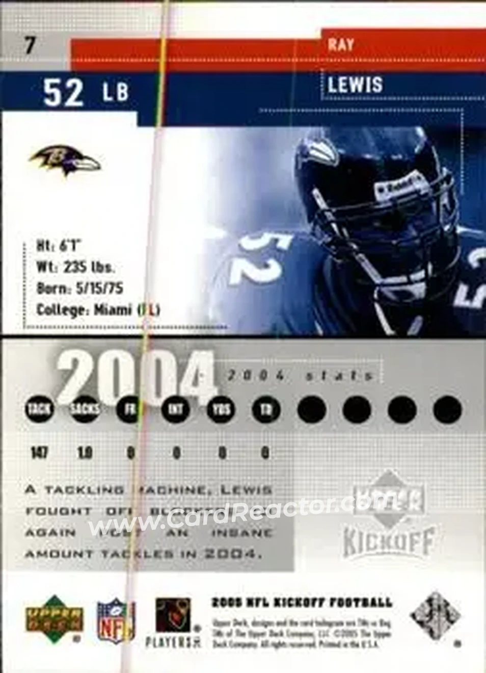 2005 Upper Deck Kickoff #7 - Ray Lewis - Baltimore Ravens - Back