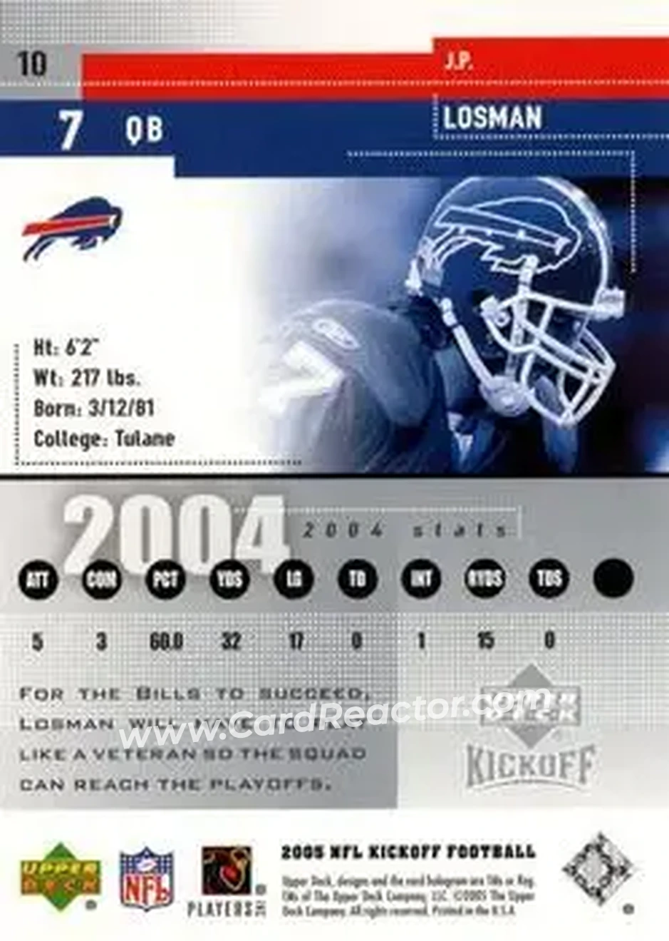 2005 Upper Deck Kickoff #10 - J.P. Losman - Buffalo Bills - Back 2005 Upper Deck Kickoff #10 - J.P. Losman - Buffalo Bills - Back