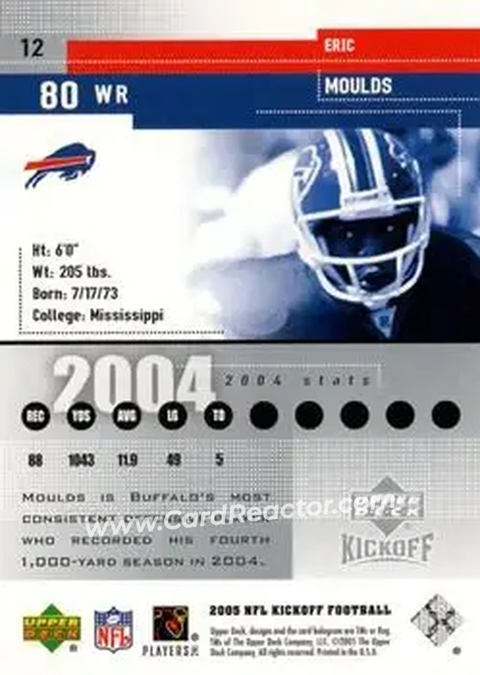 2005 Upper Deck Kickoff #12 - Eric Moulds - Buffalo Bills - Back