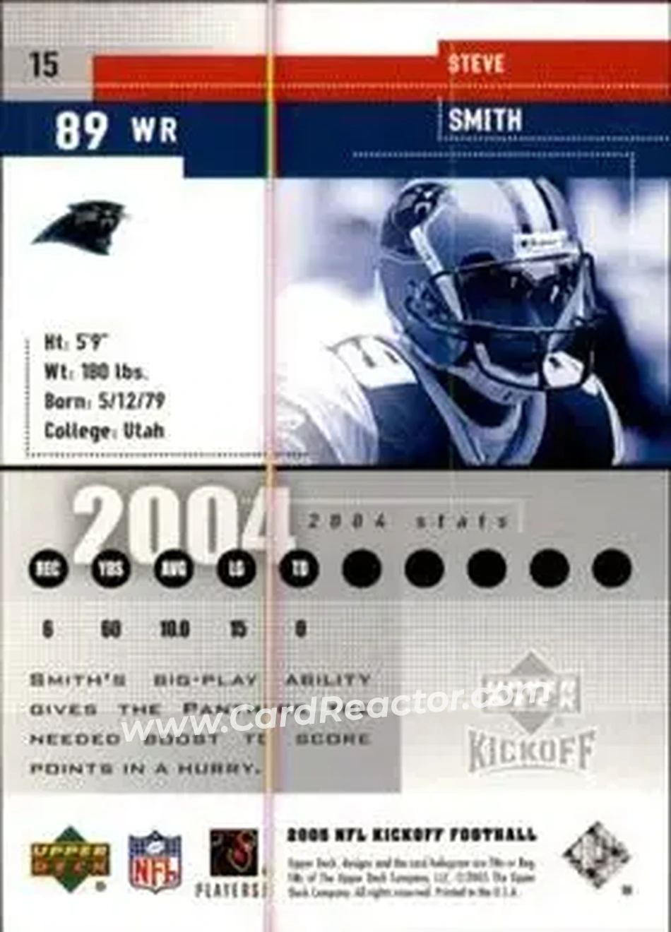 2005 Upper Deck Kickoff #15 - Steve Smith Sr. - Carolina Panthers - Back 2005 Upper Deck Kickoff #15 - Steve Smith Sr. - Carolina Panthers - Back