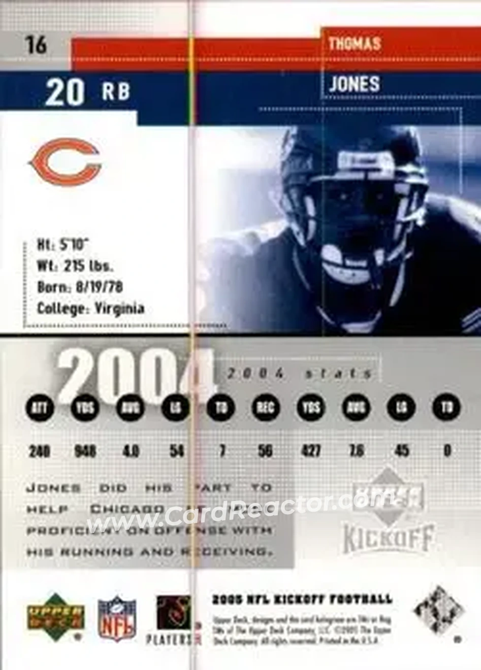 2005 Upper Deck Kickoff #16 - Thomas Jones - Chicago Bears - Back 2005 Upper Deck Kickoff #16 - Thomas Jones - Chicago Bears - Back