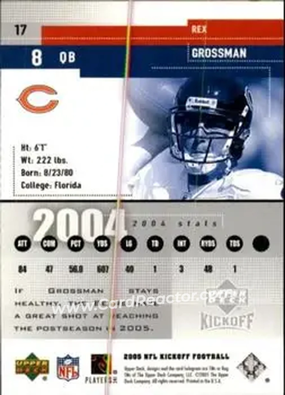2005 Upper Deck Kickoff #17 - Rex Grossman - Chicago Bears - Back 2005 Upper Deck Kickoff #17 - Rex Grossman - Chicago Bears - Back