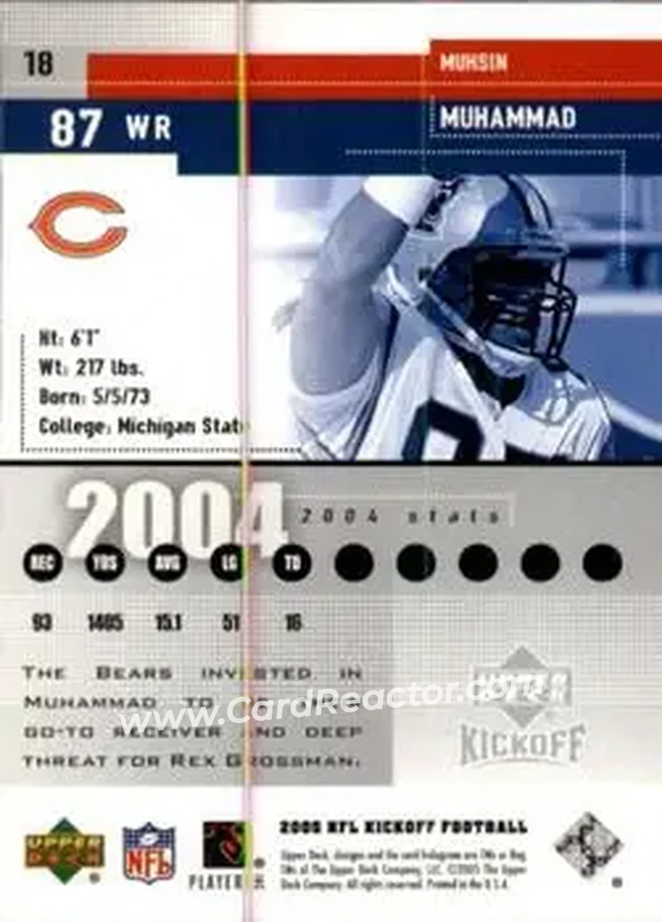 2005 Upper Deck Kickoff #18 - Muhsin Muhammad - Chicago Bears - Back 2005 Upper Deck Kickoff #18 - Muhsin Muhammad - Chicago Bears - Back
