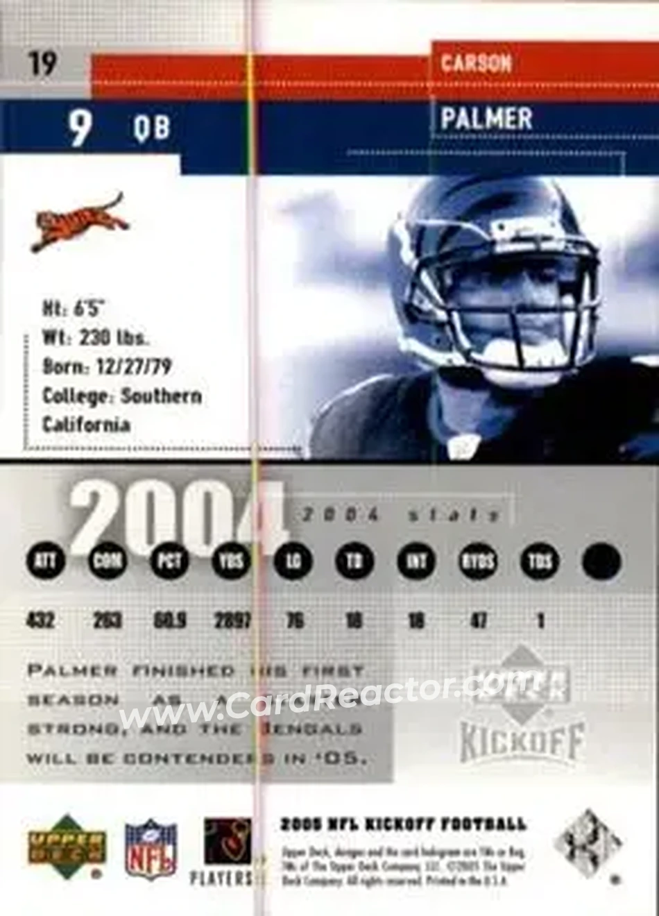 2005 Upper Deck Kickoff #19 - Carson Palmer - Cincinnati Bengals - Back