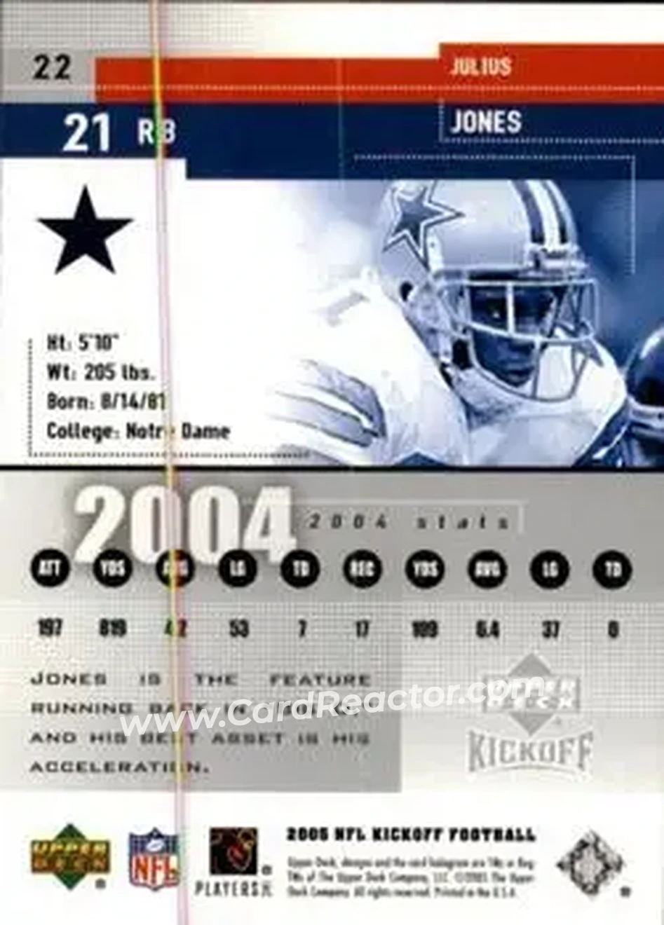 2005 Upper Deck Kickoff #22 - Julius Jones - Dallas Cowboys - Back 2005 Upper Deck Kickoff #22 - Julius Jones - Dallas Cowboys - Back