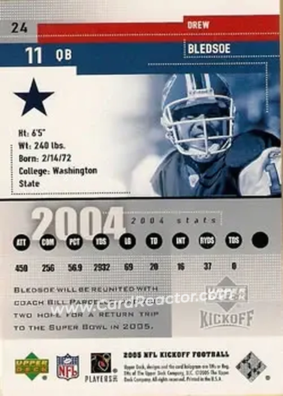 2005 Upper Deck Kickoff #24 - Drew Bledsoe - Dallas Cowboys - Back 2005 Upper Deck Kickoff #24 - Drew Bledsoe - Dallas Cowboys - Back