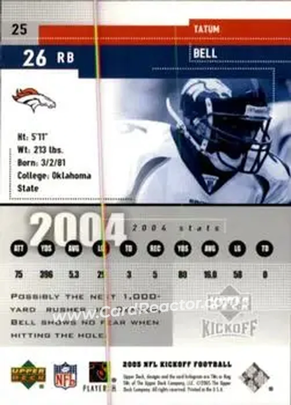 2005 Upper Deck Kickoff #25 - Tatum Bell - Denver Broncos - Back