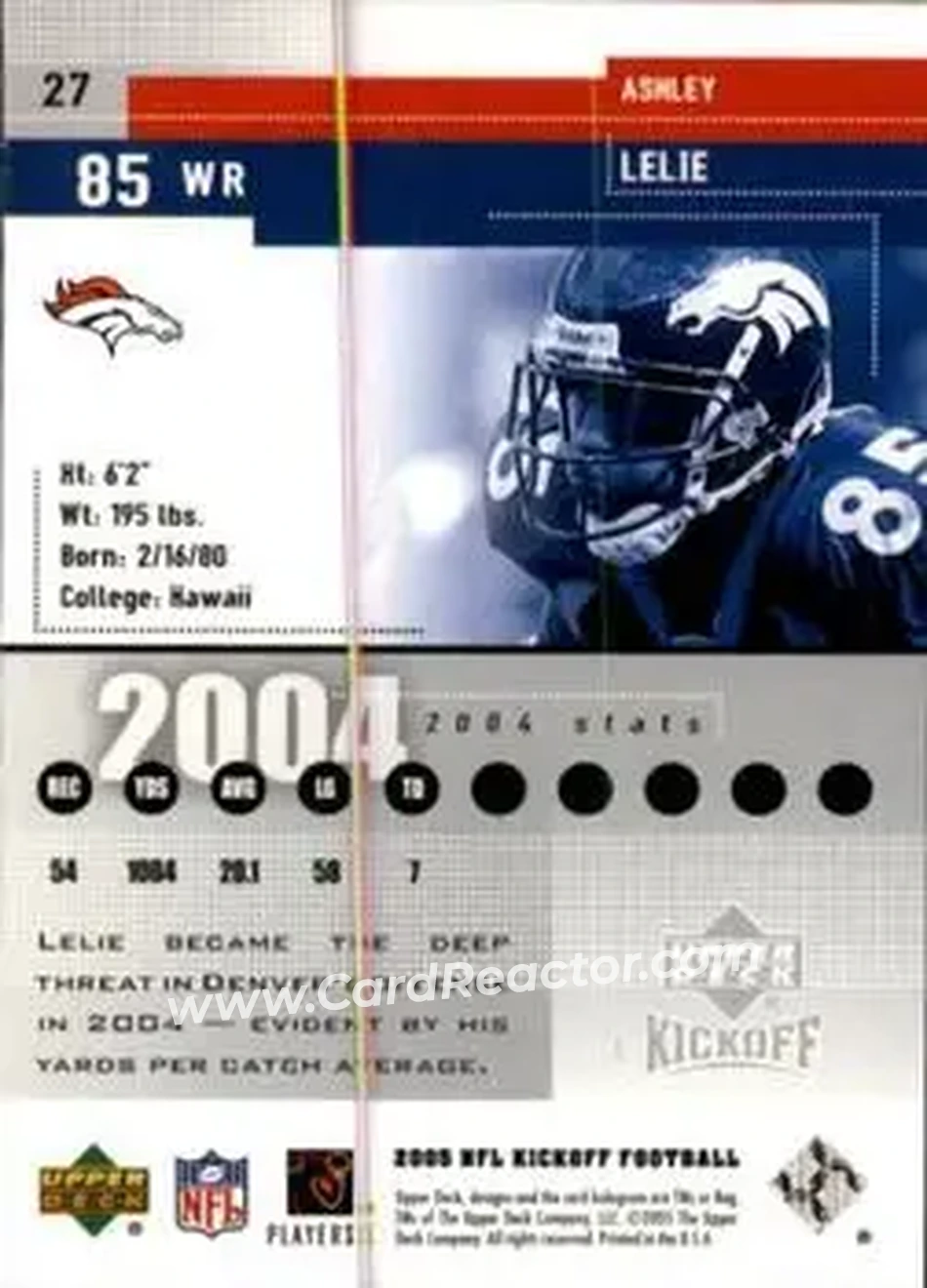 2005 Upper Deck Kickoff #27 - Ashley Lelie - Denver Broncos - Back