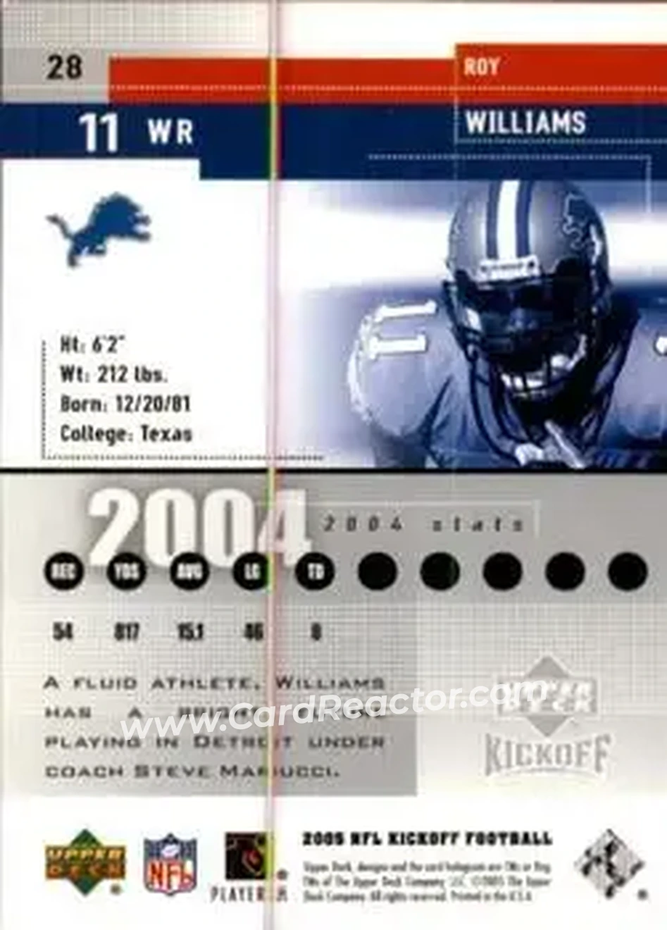 2005 Upper Deck Kickoff #28 - Roy Williams - Detroit Lions - Back