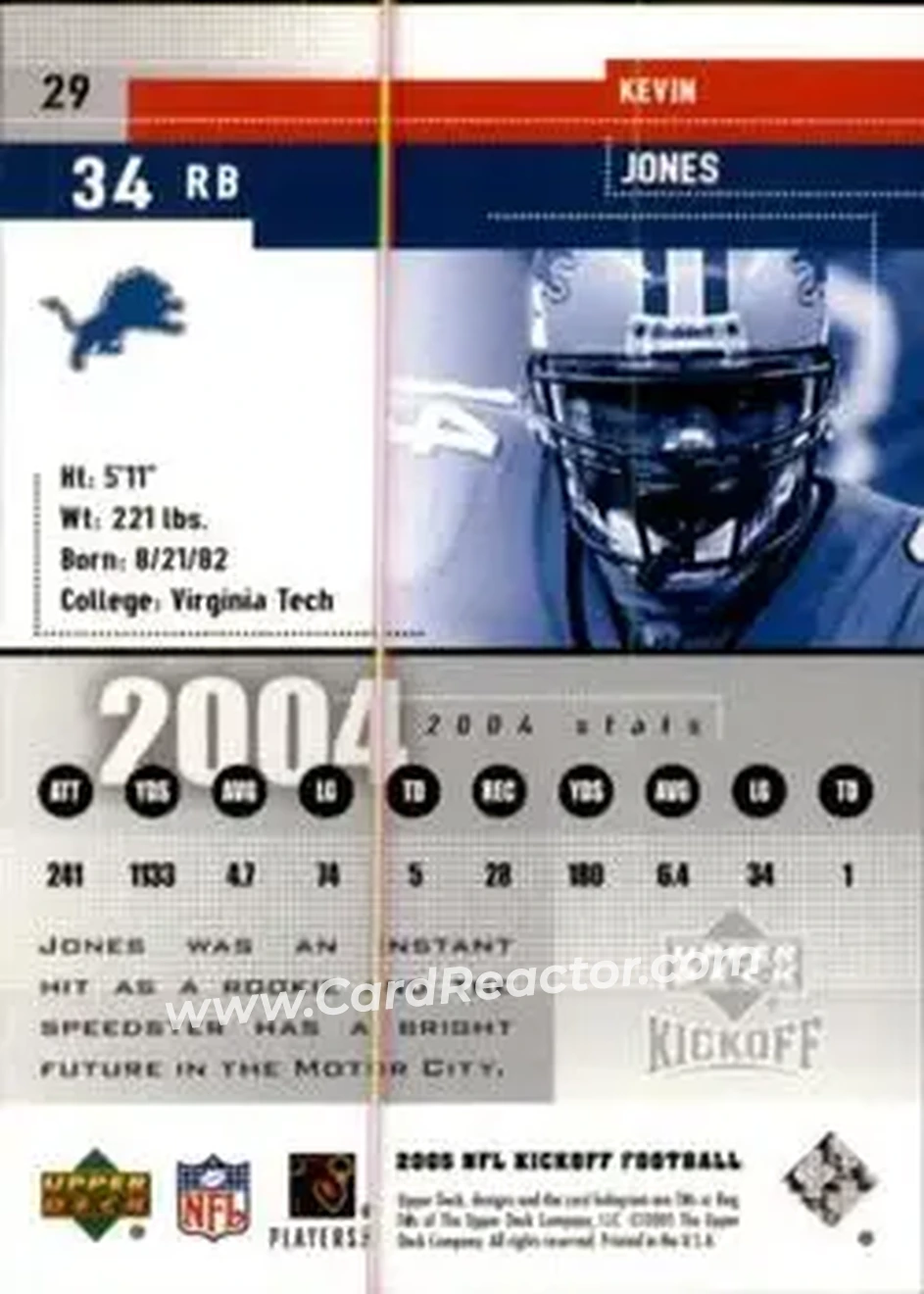 2005 Upper Deck Kickoff #29 - Kevin Jones - Detroit Lions - Back 2005 Upper Deck Kickoff #29 - Kevin Jones - Detroit Lions - Back