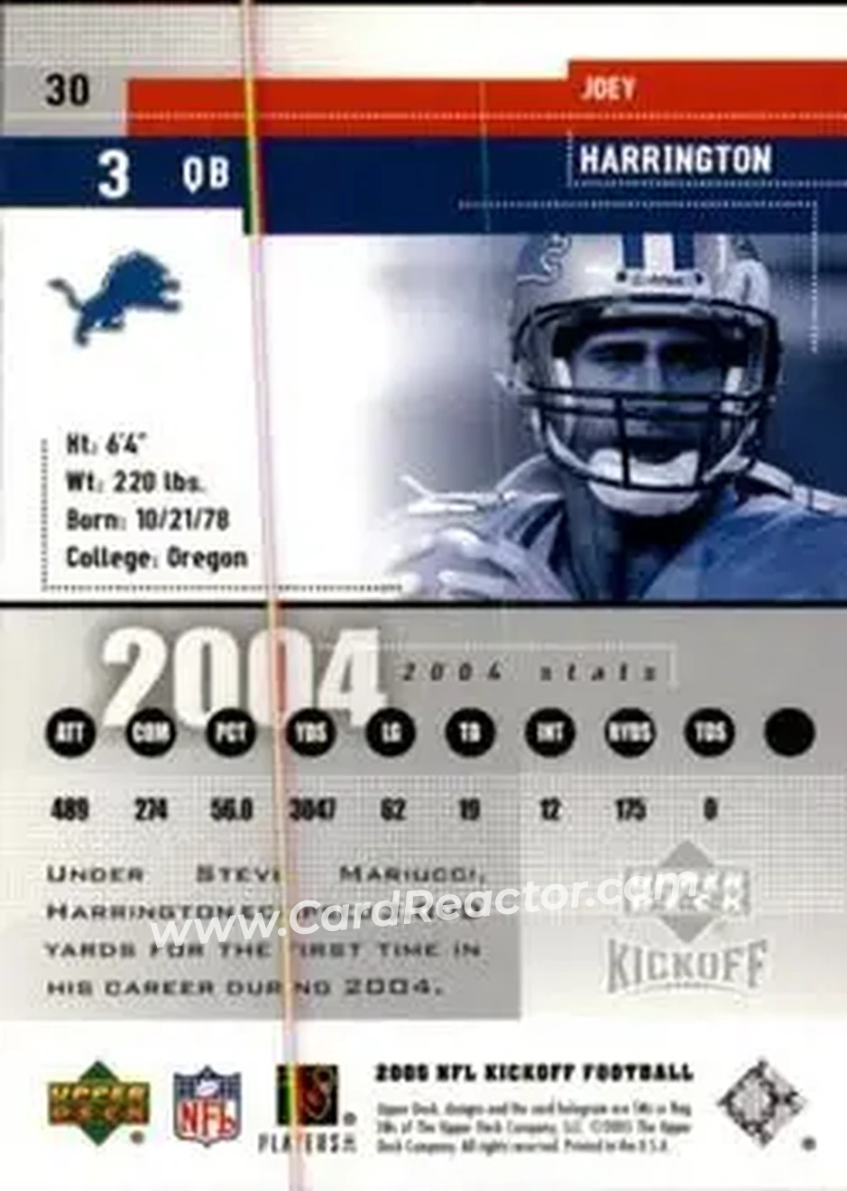 2005 Upper Deck Kickoff #30 - Joey Harrington - Detroit Lions - Back