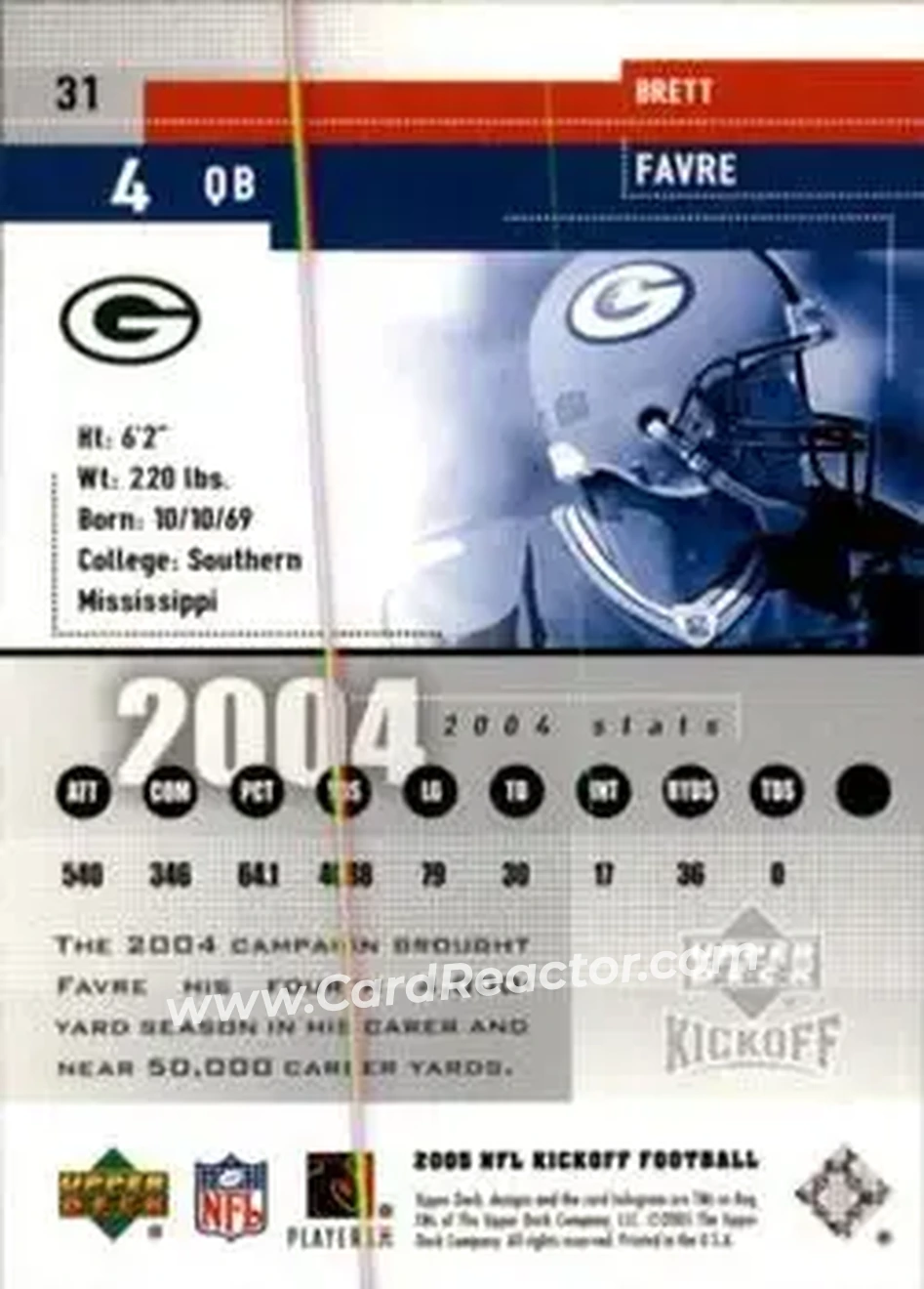 2005 Upper Deck Kickoff #31 - Brett Favre - Green Bay Packers - Back 2005 Upper Deck Kickoff #31 - Brett Favre - Green Bay Packers - Back