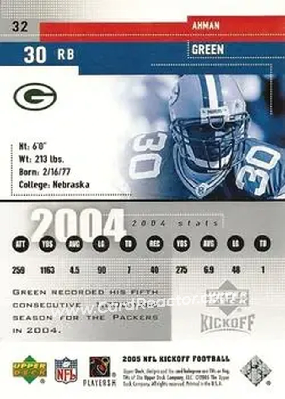 2005 Upper Deck Kickoff #32 - Ahman Green - Green Bay Packers - Back