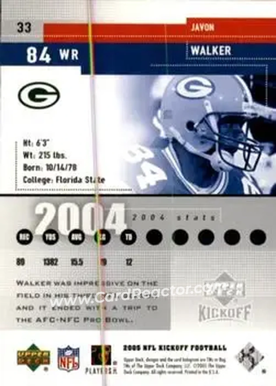 2005 Upper Deck Kickoff #33 - Javon Walker - Green Bay Packers - Back