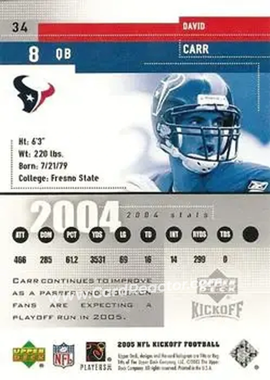 2005 Upper Deck Kickoff #34 - David Carr - Houston Texans - Back