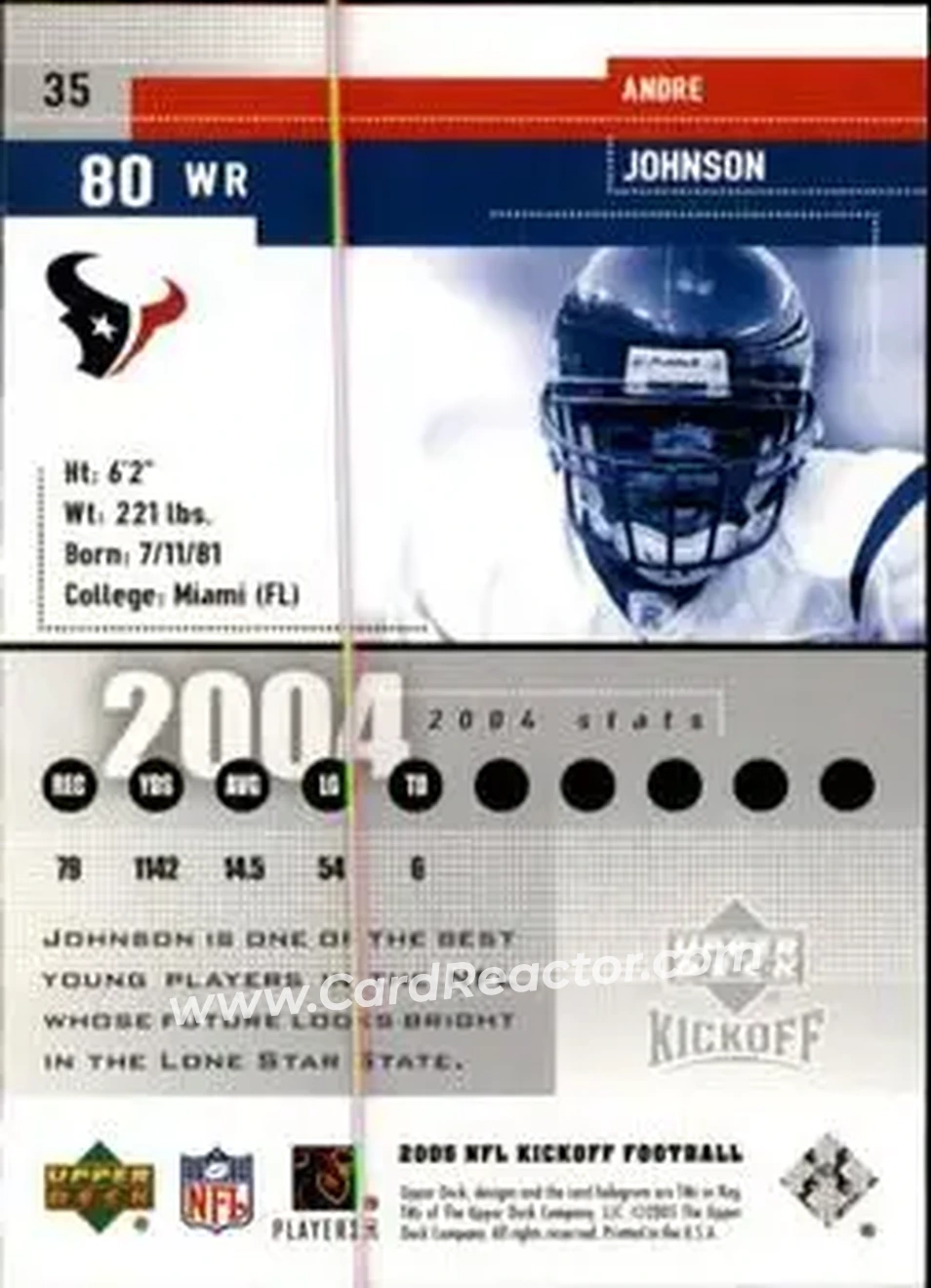 2005 Upper Deck Kickoff #35 - Andre Johnson - Houston Texans - Back 2005 Upper Deck Kickoff #35 - Andre Johnson - Houston Texans - Back