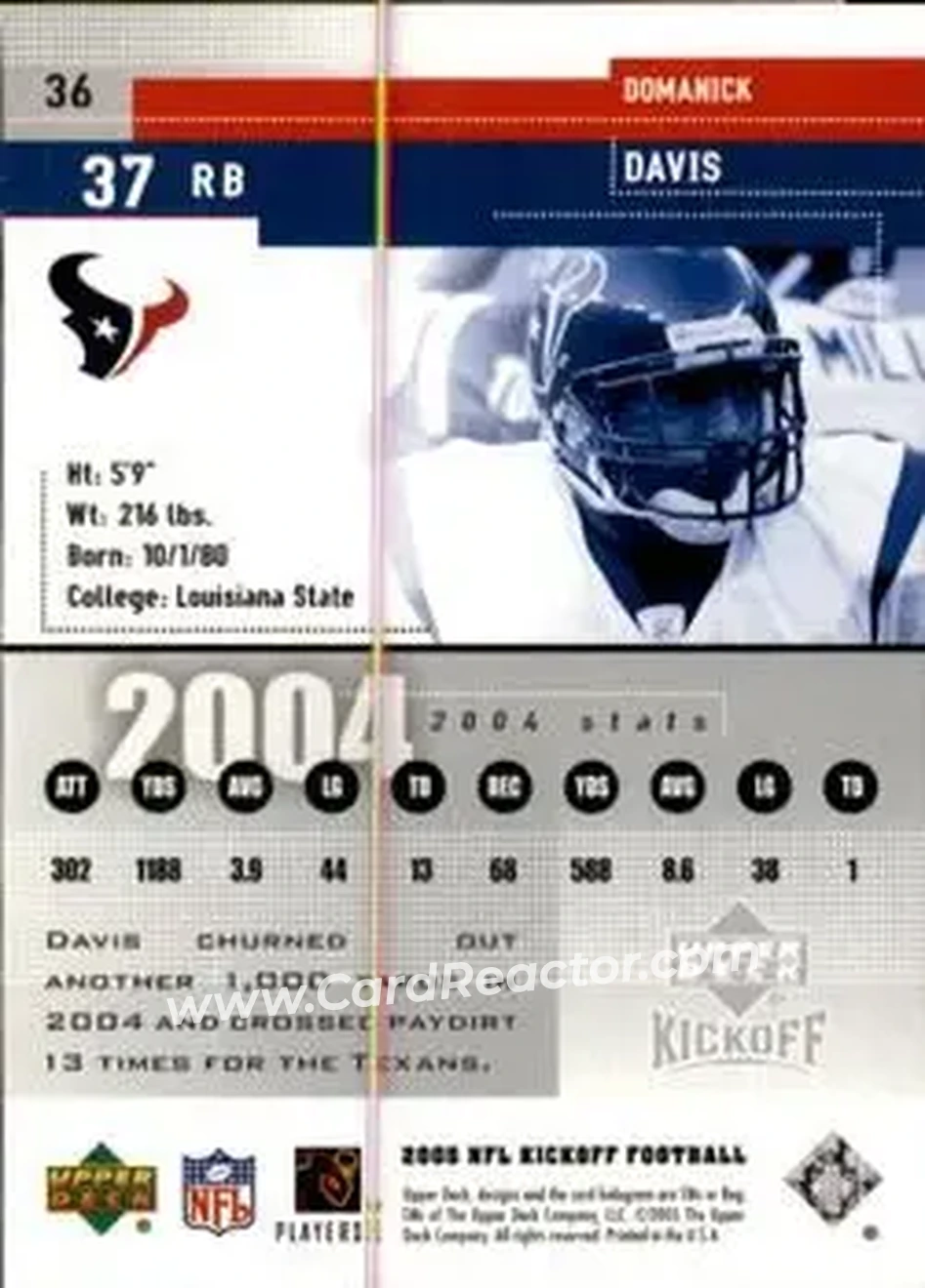 2005 Upper Deck Kickoff #36 - Domanick Davis - Houston Texans - Back