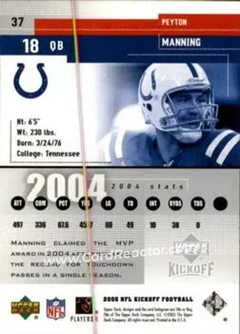 2005 Upper Deck Kickoff #37 - Peyton Manning - Indianapolis Colts - Back