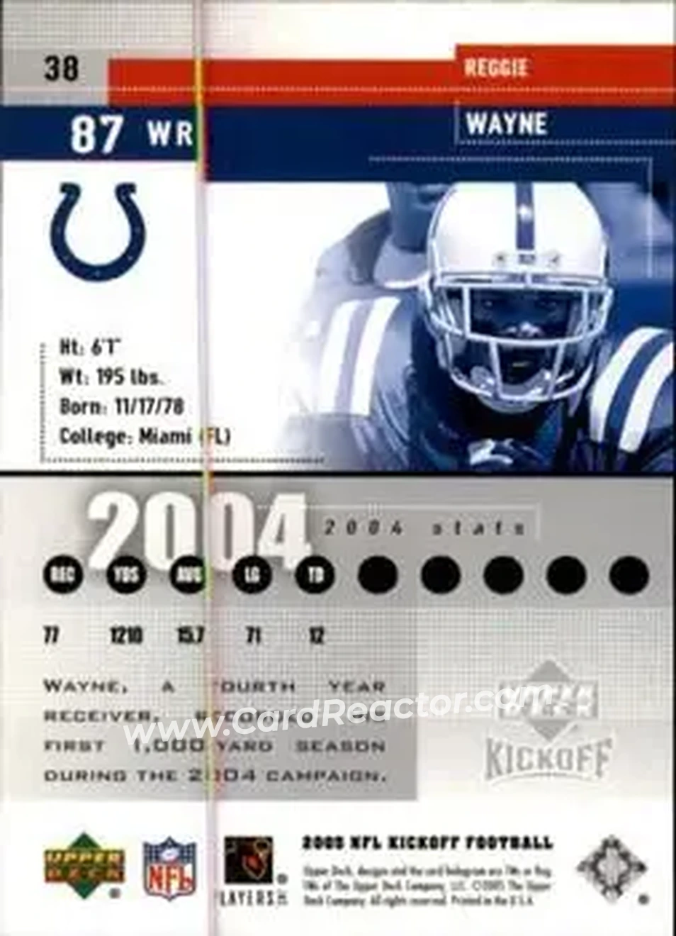 2005 Upper Deck Kickoff #38 - Reggie Wayne - Indianapolis Colts - Back