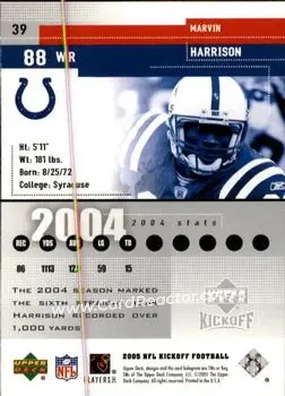 2005 Upper Deck Kickoff #39 - Marvin Harrison - Indianapolis Colts - Back 2005 Upper Deck Kickoff #39 - Marvin Harrison - Indianapolis Colts - Back