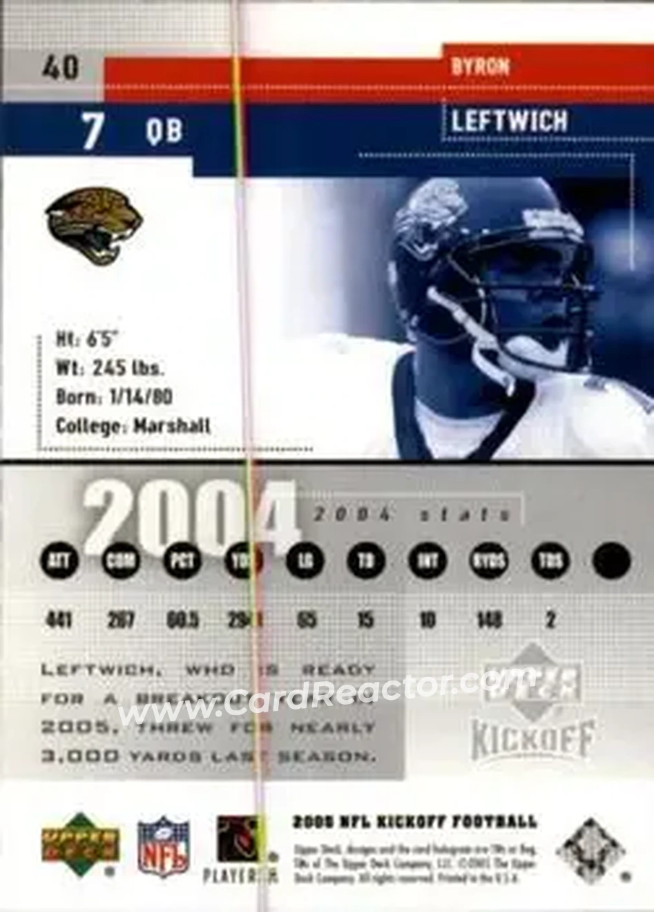 2005 Upper Deck Kickoff #40 - Byron Leftwich - Jacksonville Jaguars - Back