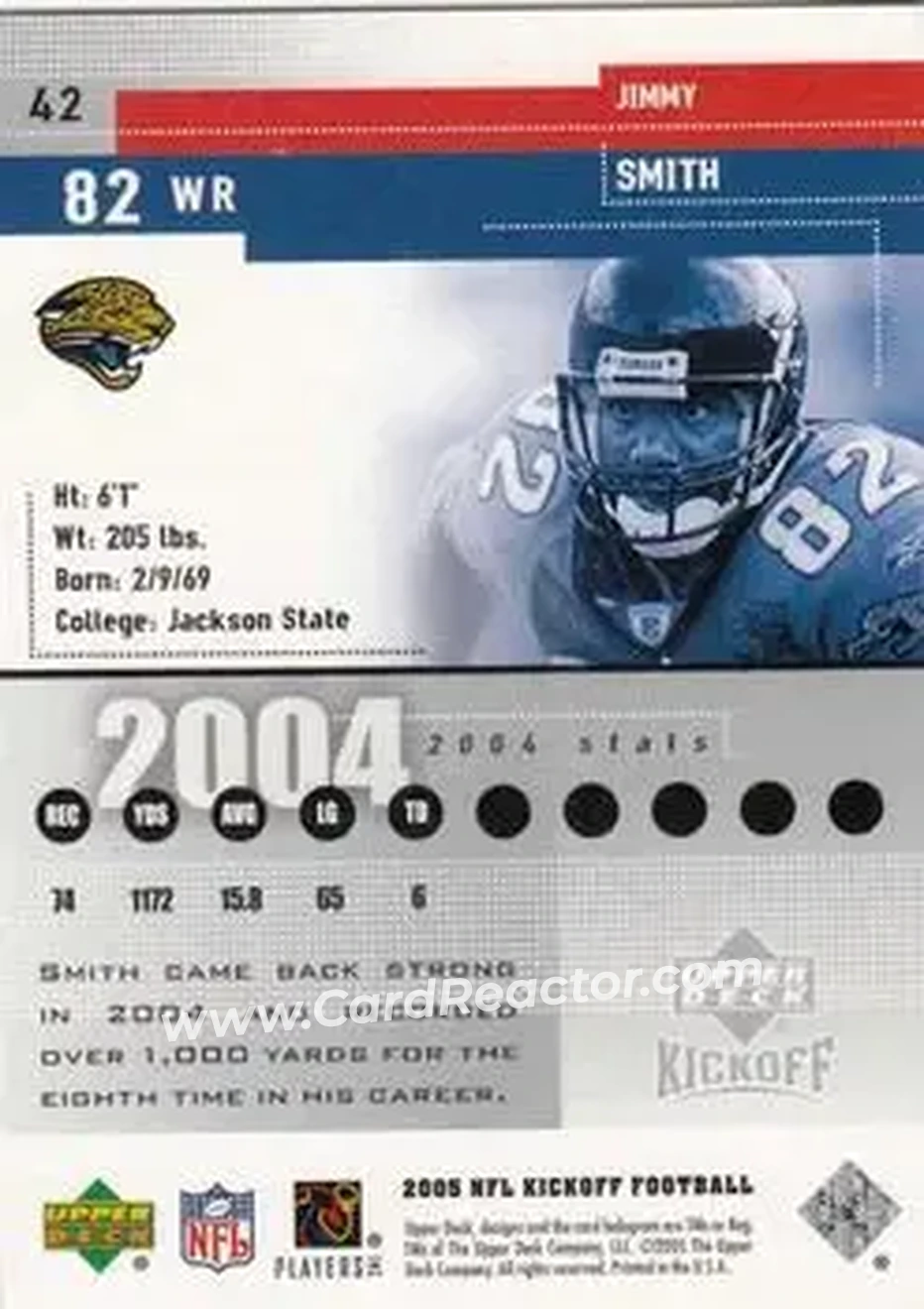 2005 Upper Deck Kickoff #42 - Jimmy Smith - Jacksonville Jaguars - Back