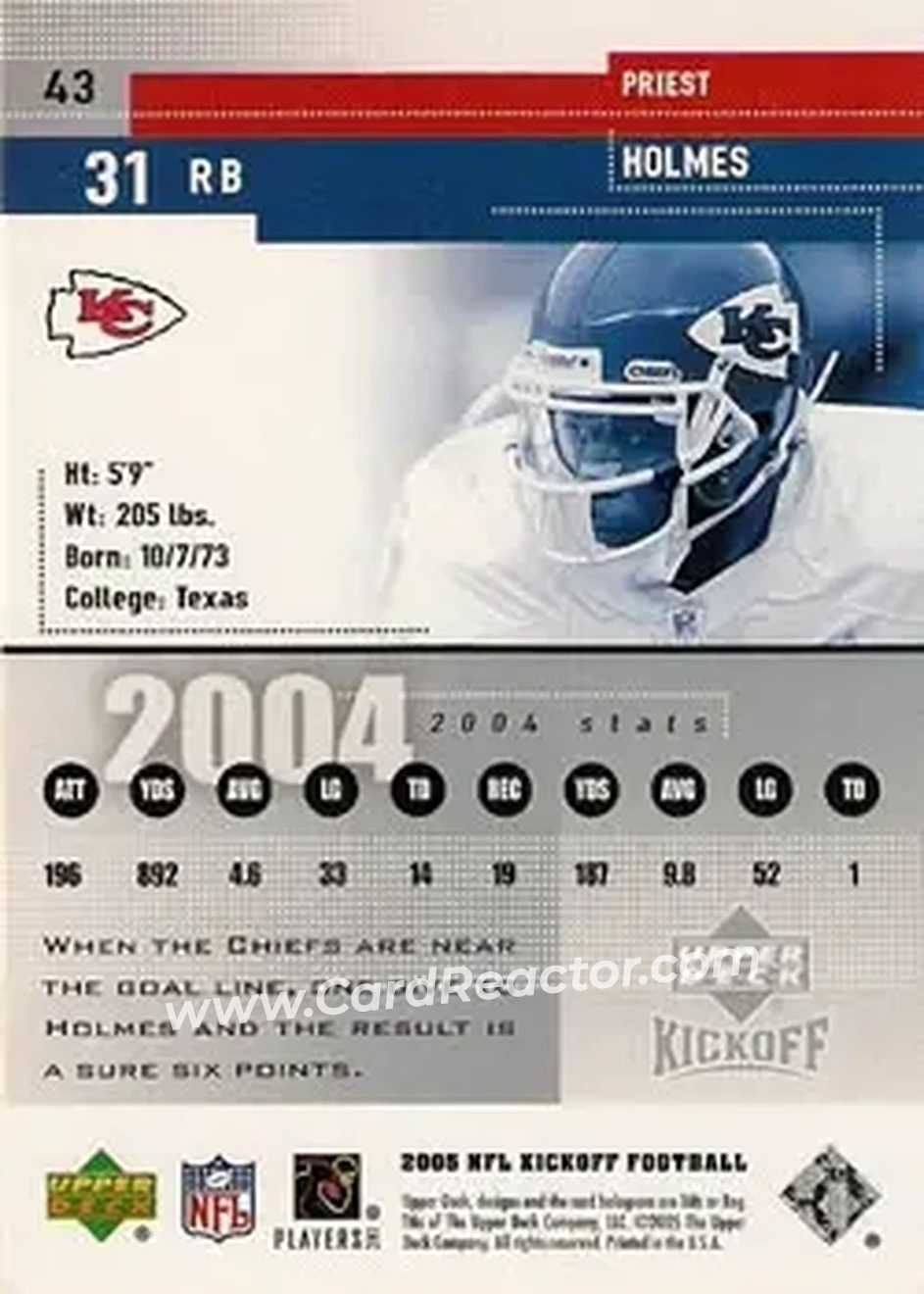 2005 Upper Deck Kickoff #43 - Priest Holmes - Kansas City Chiefs - Back