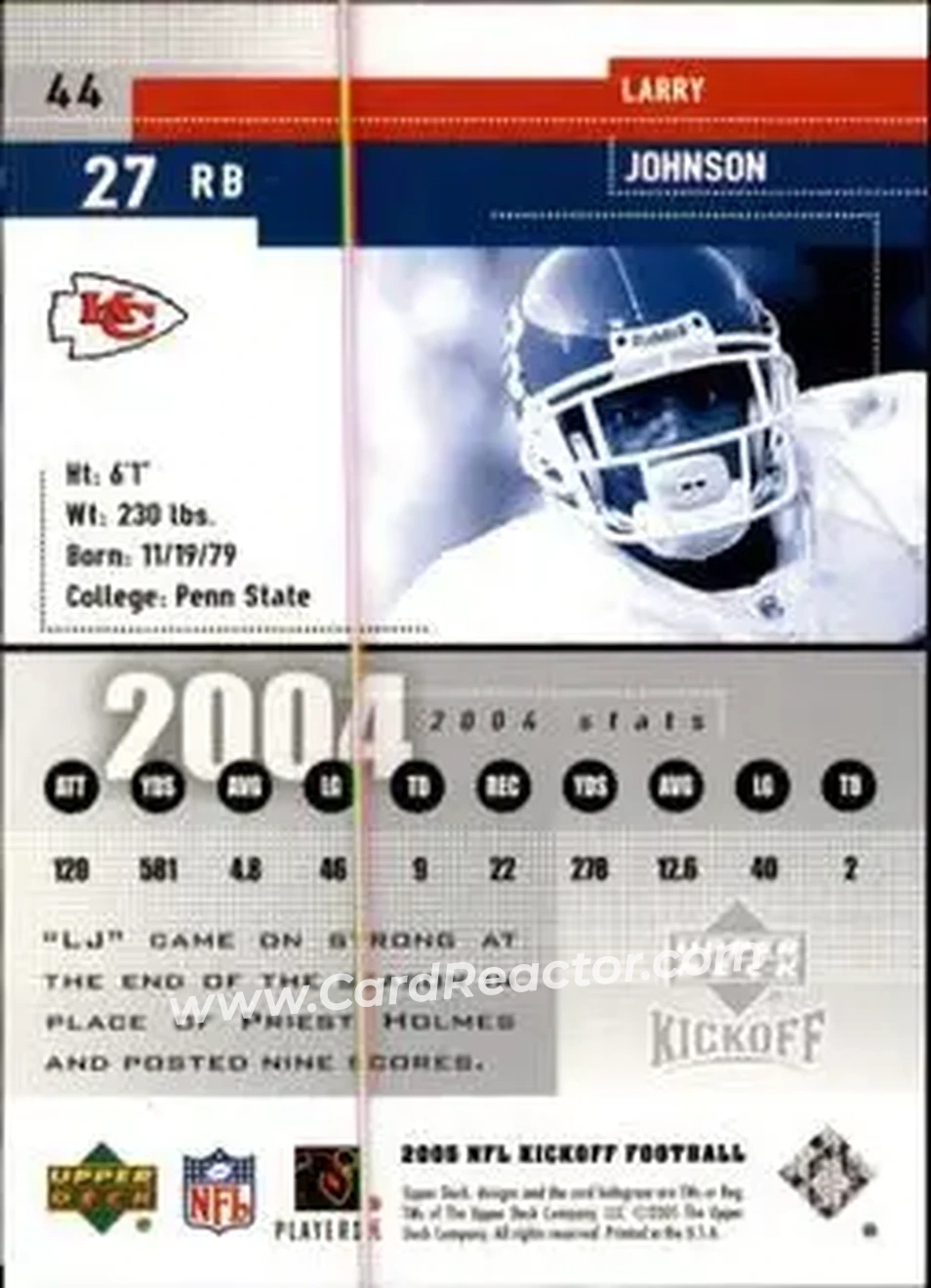 2005 Upper Deck Kickoff #44 - Larry Johnson - Kansas City Chiefs - Back 2005 Upper Deck Kickoff #44 - Larry Johnson - Kansas City Chiefs - Back