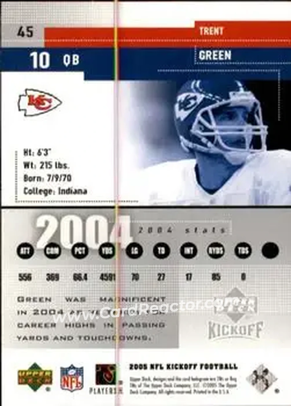 2005 Upper Deck Kickoff #45 - Trent Green - Kansas City Chiefs - Back