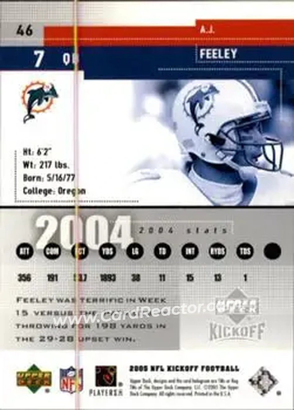 2005 Upper Deck Kickoff #46 - A.J. Feeley - Miami Dolphins - Back
