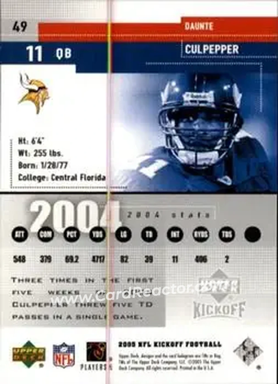 2005 Upper Deck Kickoff #49 - Daunte Culpepper - Minnesota Vikings - Back 2005 Upper Deck Kickoff #49 - Daunte Culpepper - Minnesota Vikings - Back