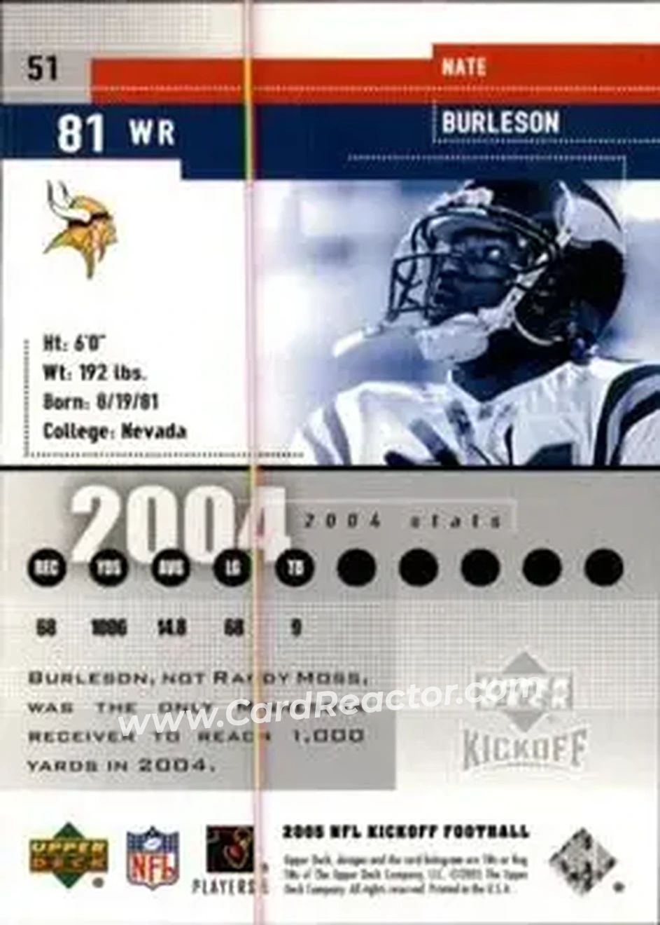 2005 Upper Deck Kickoff #51 - Nate Burleson - Minnesota Vikings - Back 2005 Upper Deck Kickoff #51 - Nate Burleson - Minnesota Vikings - Back