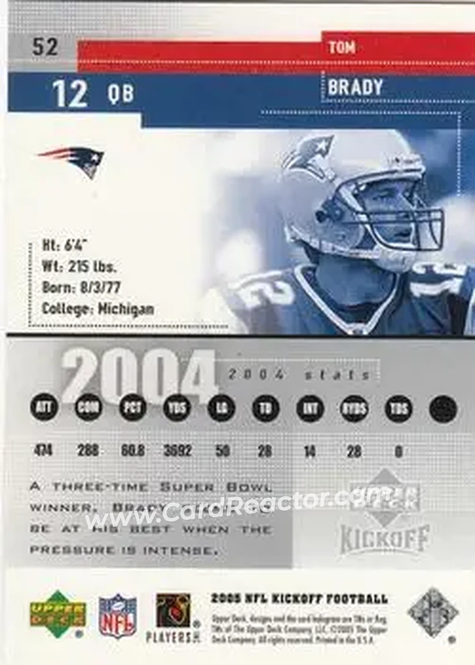 2005 Upper Deck Kickoff #52 - Tom Brady - New England Patriots - Back