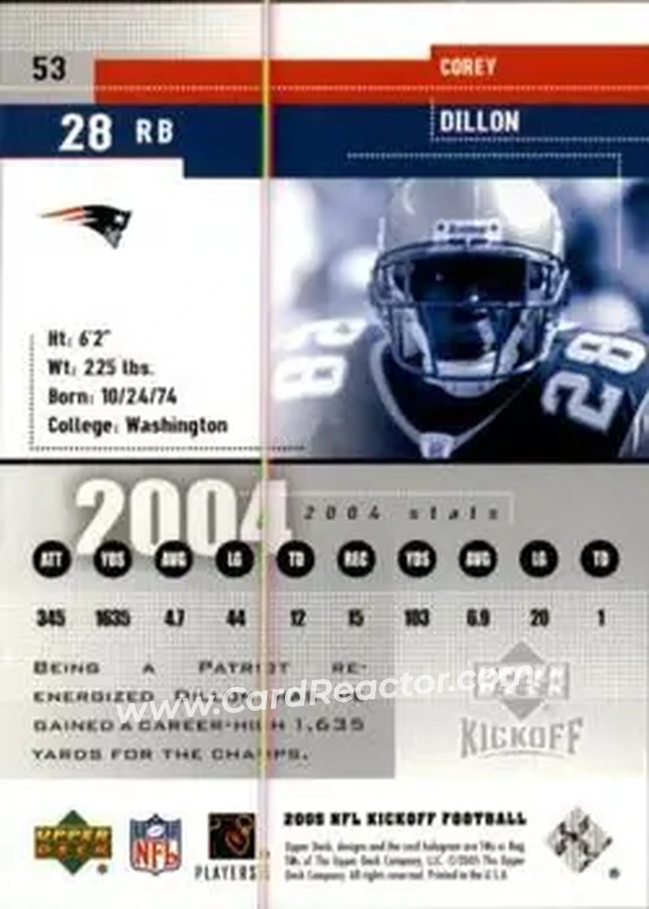 2005 Upper Deck Kickoff #53 - Corey Dillon - New England Patriots - Back
