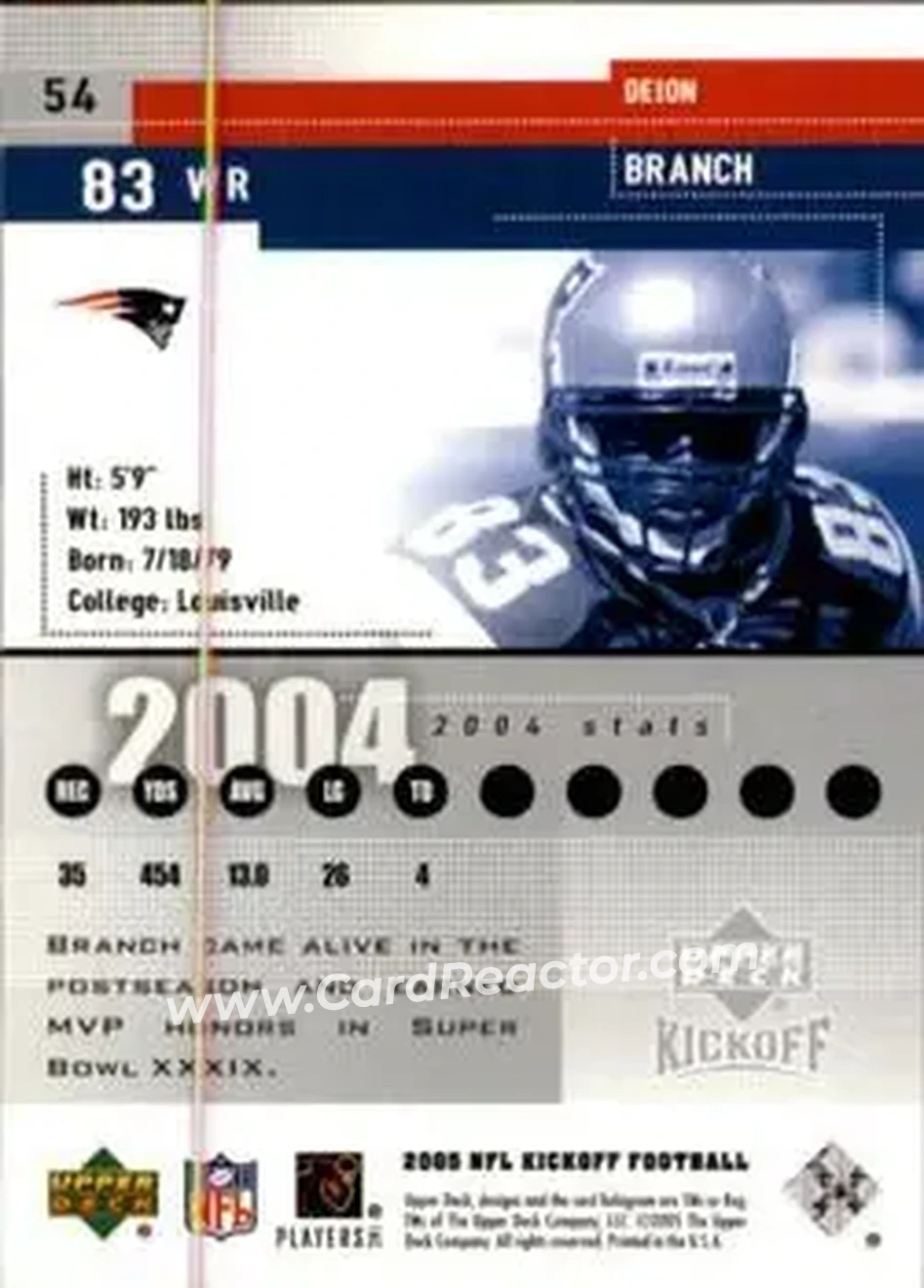 2005 Upper Deck Kickoff #54 - Deion Branch - New England Patriots - Back