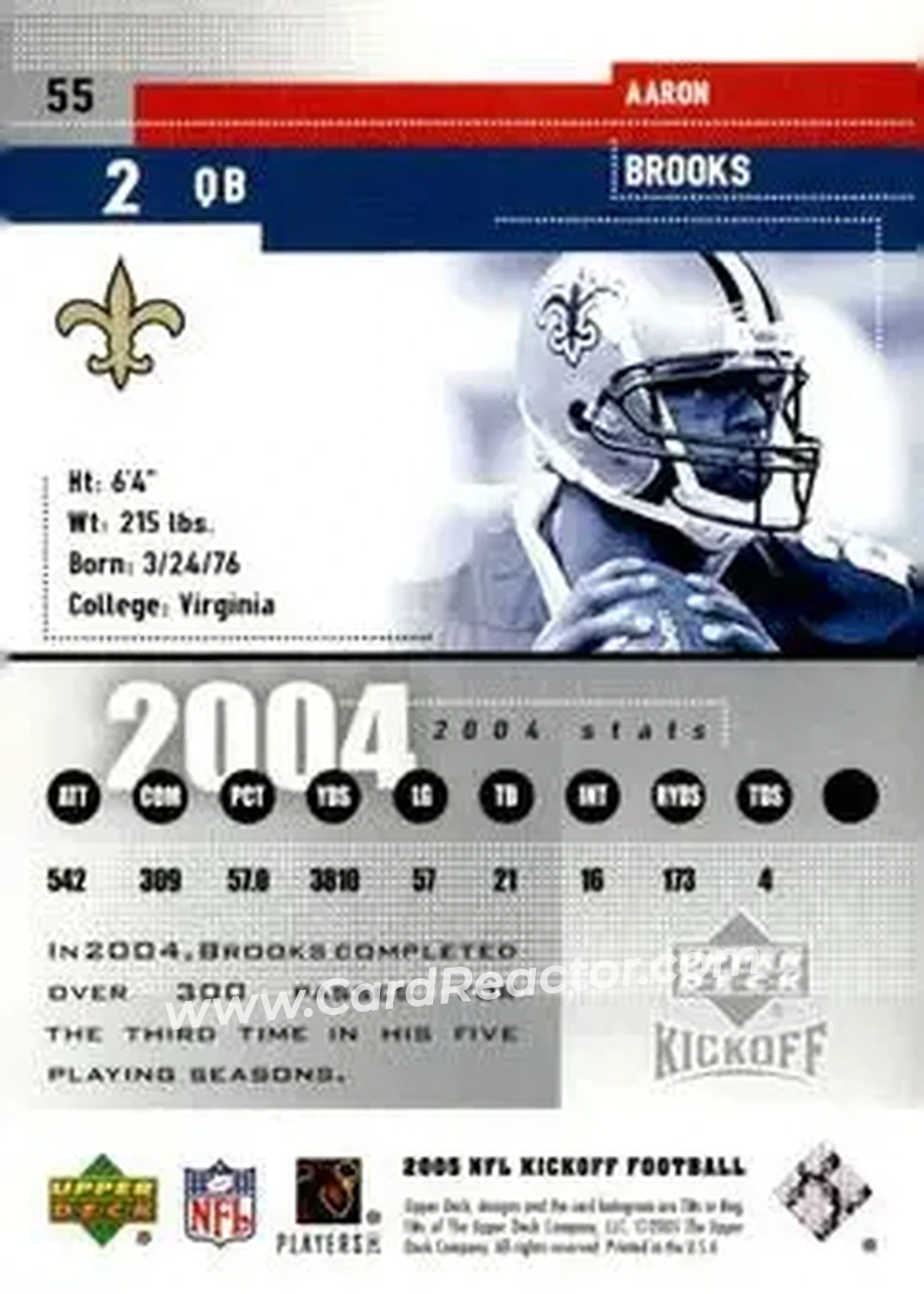2005 Upper Deck Kickoff #55 - Aaron Brooks - New Orleans Saints - Back 2005 Upper Deck Kickoff #55 - Aaron Brooks - New Orleans Saints - Back