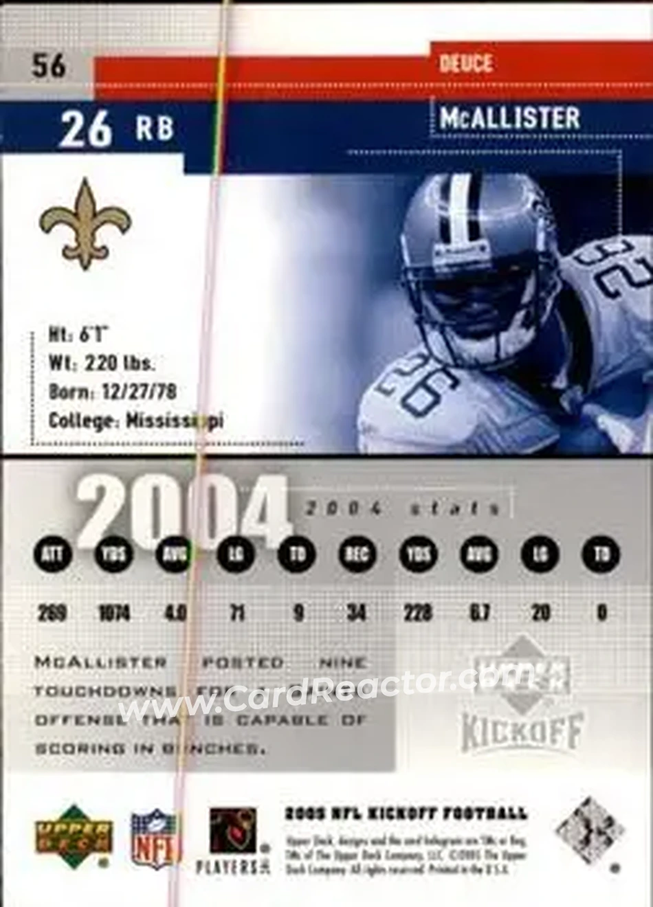 2005 Upper Deck Kickoff #56 - Deuce McAllister - New Orleans Saints - Back