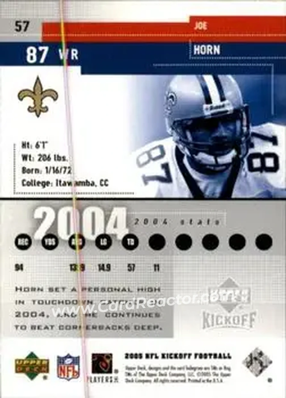 2005 Upper Deck Kickoff #57 - Joe Horn - New Orleans Saints - Back 2005 Upper Deck Kickoff #57 - Joe Horn - New Orleans Saints - Back