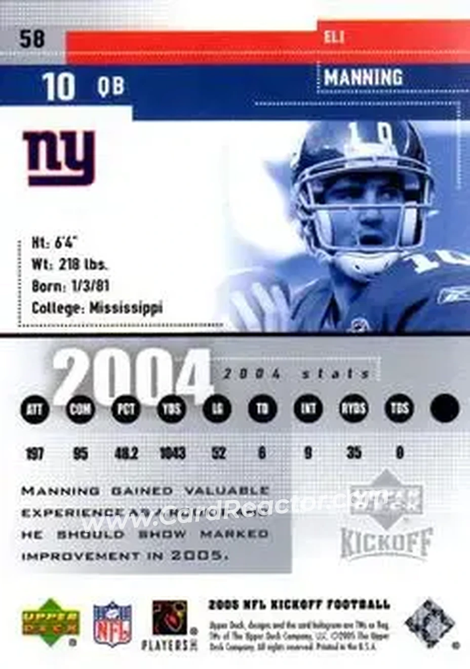 2005 Upper Deck Kickoff #58 - Eli Manning - New York Giants - Back
