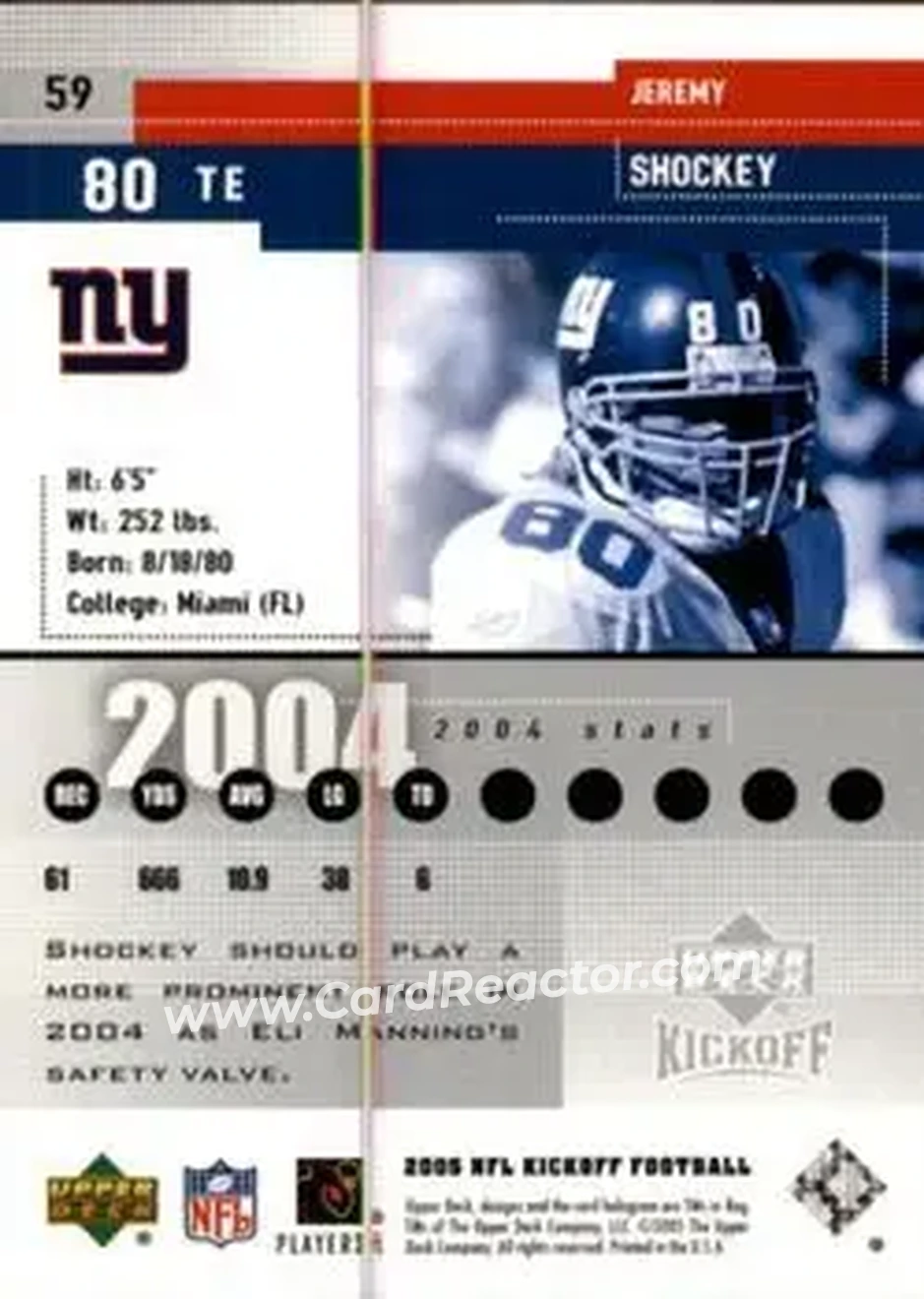 2005 Upper Deck Kickoff #59 - Jeremy Shockey - New York Giants - Back