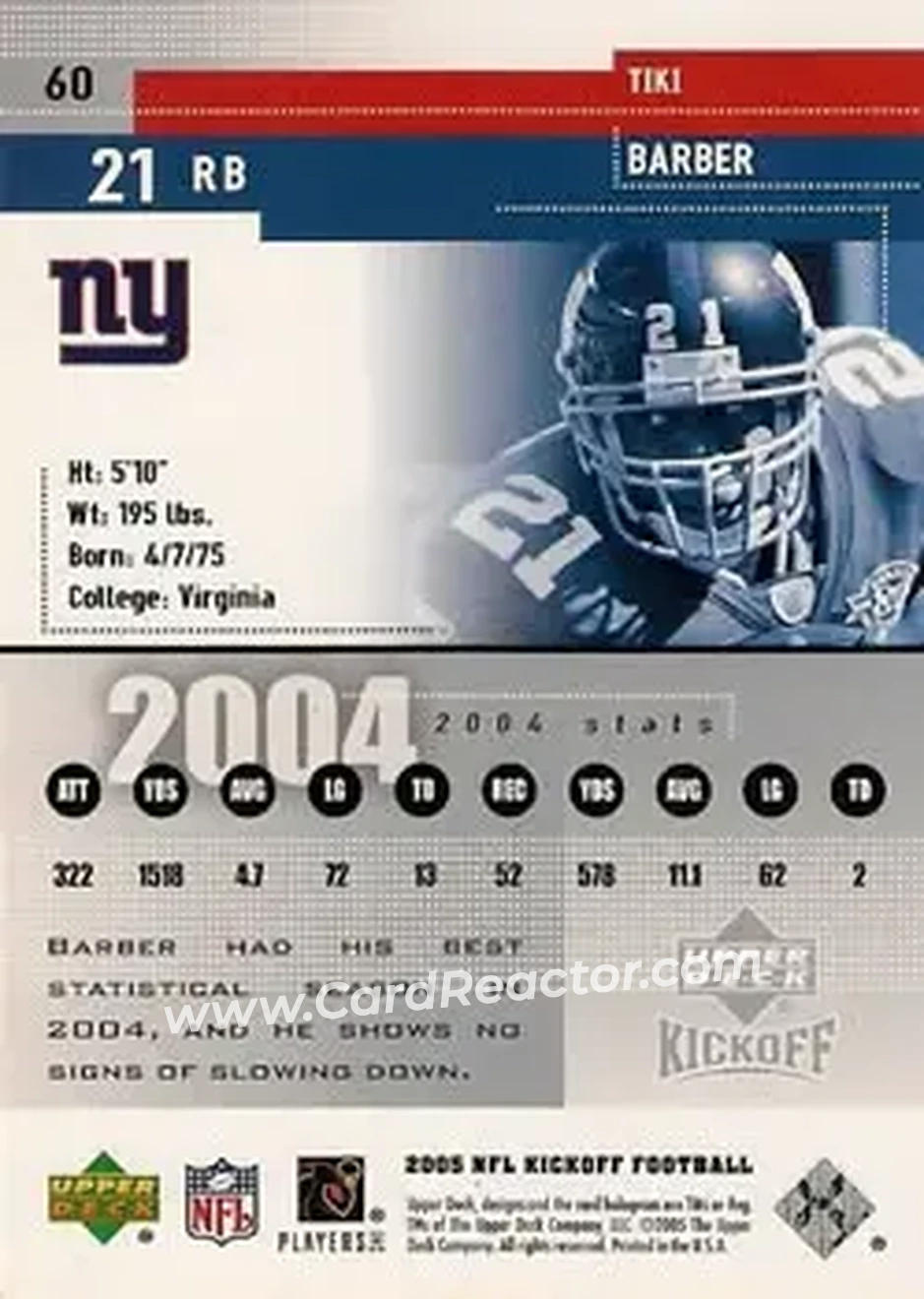 2005 Upper Deck Kickoff #60 - Tiki Barber - New York Giants - Back